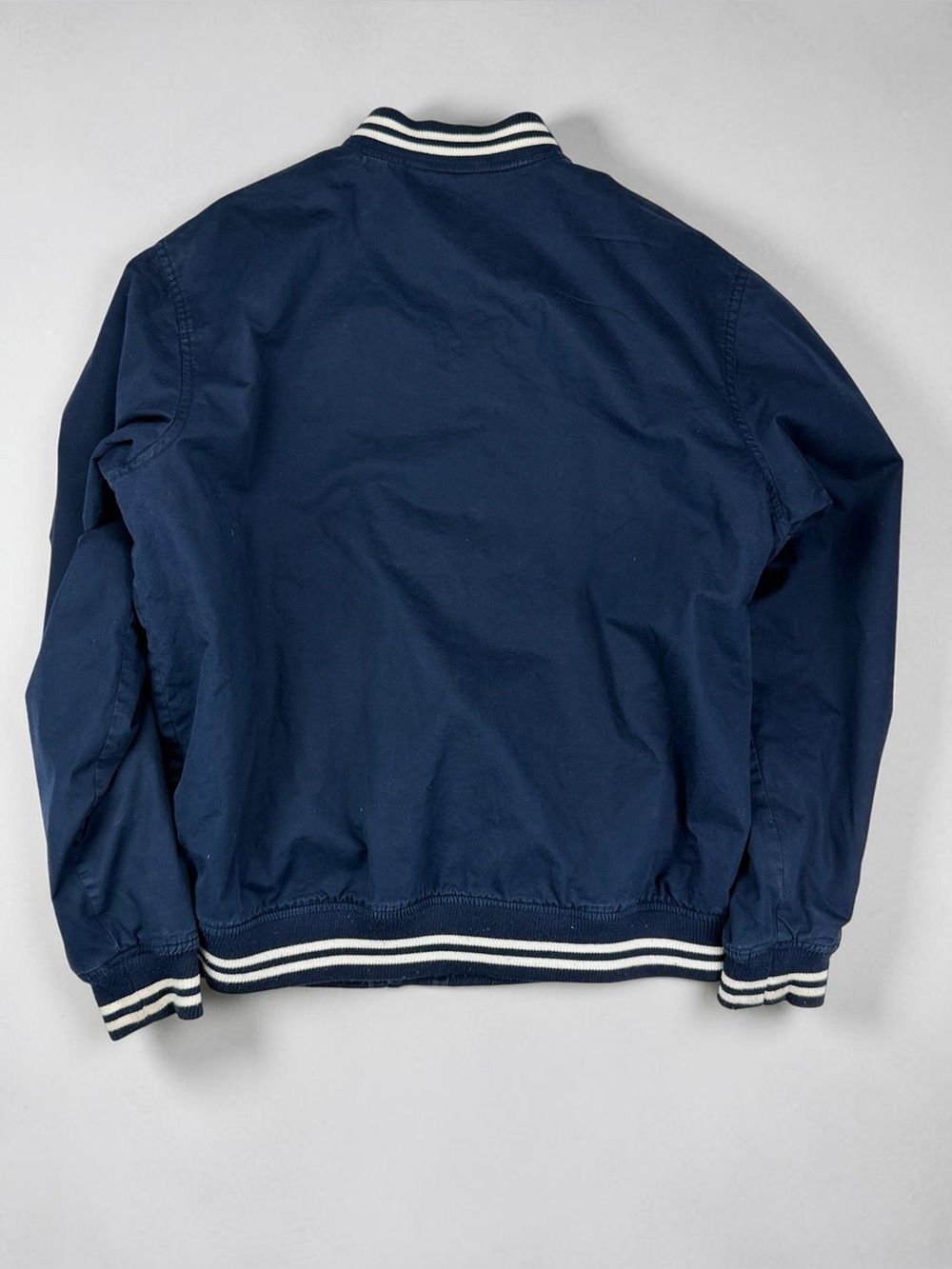 Old Navy Men’s XL Navy Cotton Varsity Bomber Jacket Striped Rib Trim Snap Front - Picture 7 of 17